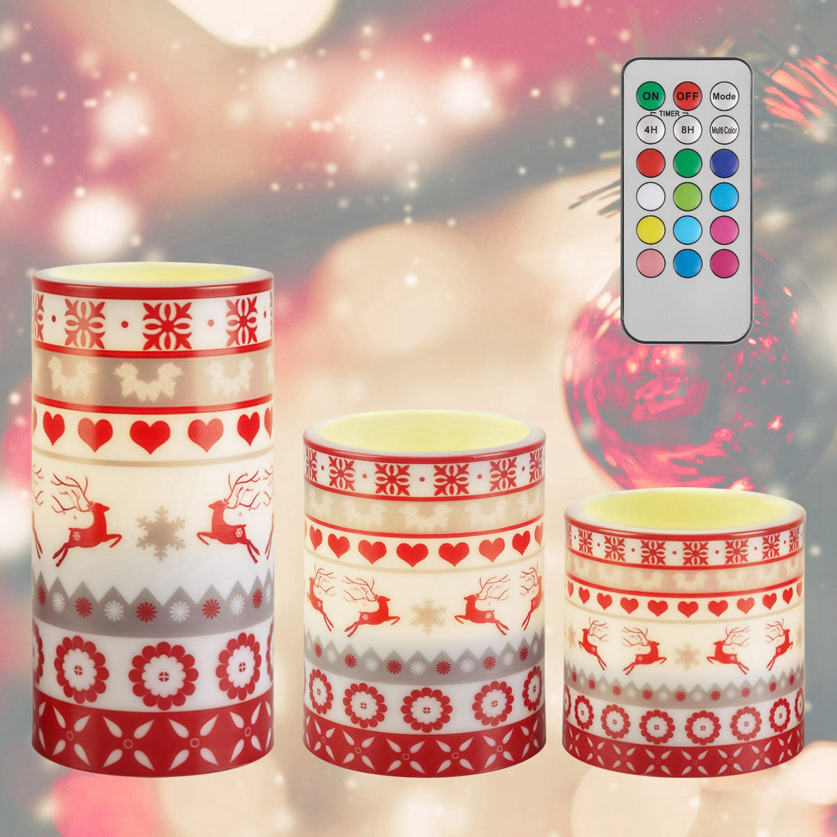 Christmas Flameless LED Candles, Set of 3 Reindeer Pillar Candles with Remote and Timer, Ships from USA