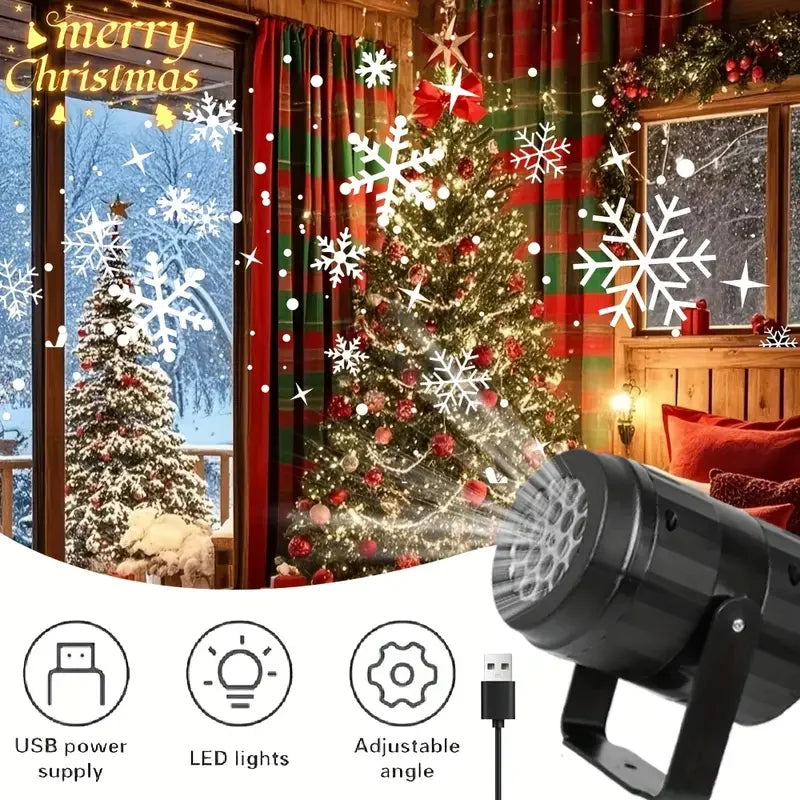 Christmas Snowflake Projector Light, Rotating Indoor Snowfall Effect, USB Powered