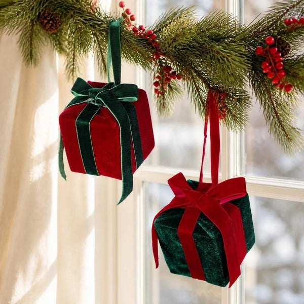 Velvet Christmas Gift Box Ornament with Bow