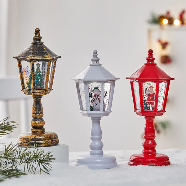 Lighted Musical Snow Globe Lantern, LED Light-Up Holiday Lamp with Swirling Snow, 8in Tabletop Decor