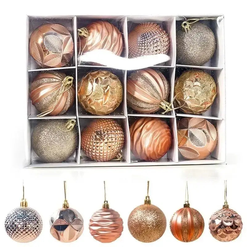 Champagne Gold Christmas Ball Ornaments, Boxed Set of 12 Assorted 2.36 in Shatterproof Tree Balls