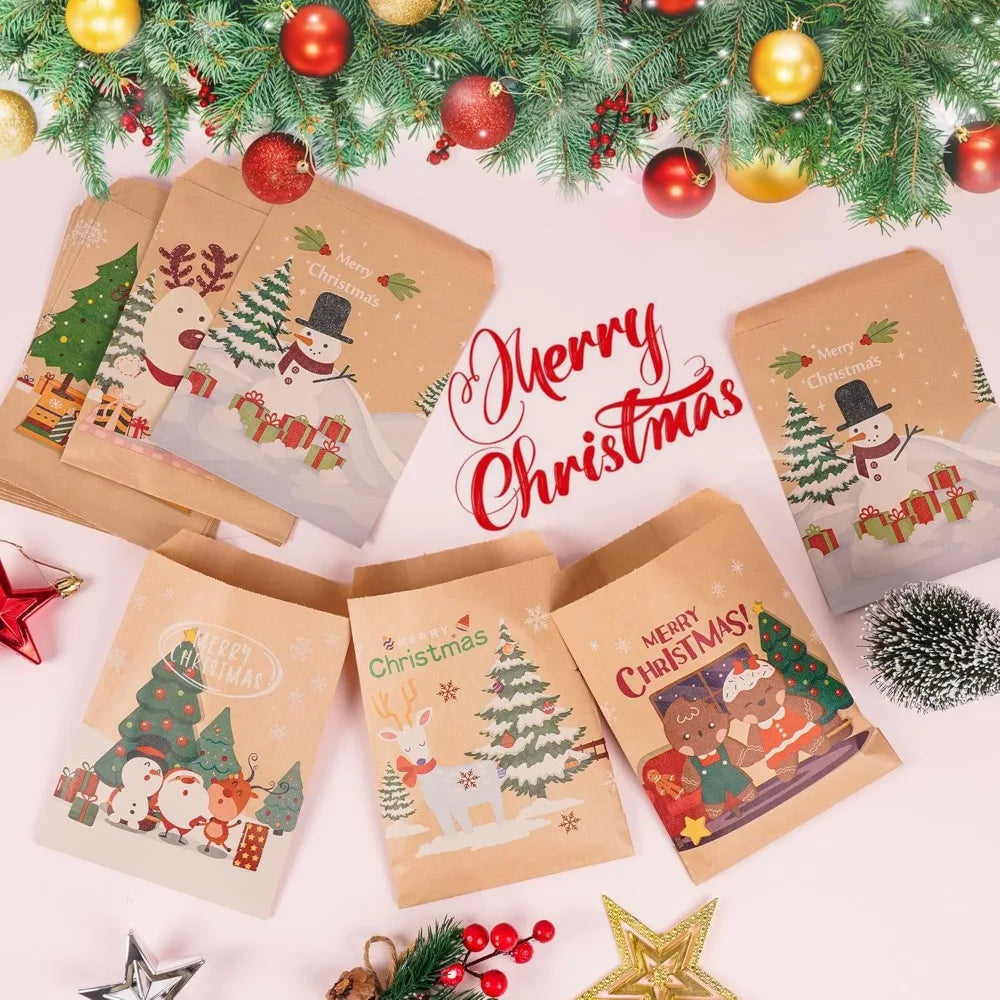 24 Pack Christmas Kraft Paper Treat Bags, Assorted Prints, 5 x 7 Inch Candy and Cookie Goodie Bags