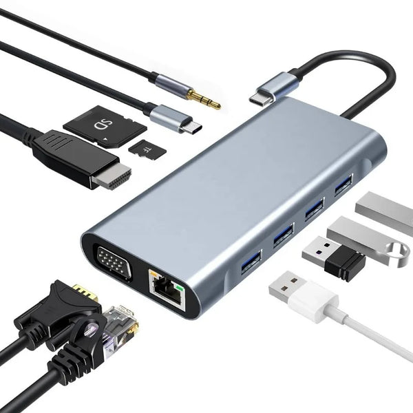 11-in-1 USB-C Hub Adapter with 4K HDMI, VGA, Ethernet, SD/TF and 100W PD