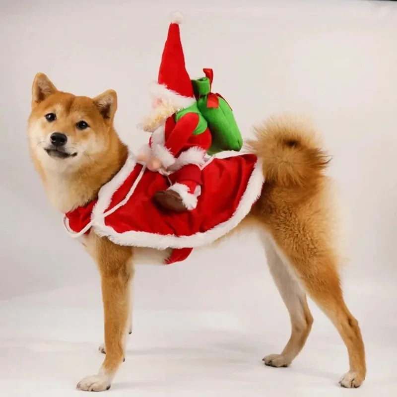 Santa Rider Christmas Dog Costume, Size L, Red Fleece Outfit with Santa Riding on the Back