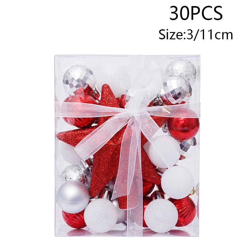 Red, White and Silver Mini Christmas Ornament Set, 30 Pieces with Glitter Star Tree Topper for Small Trees