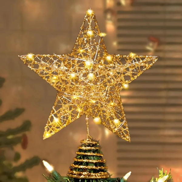 Gold Glitter Star Christmas Tree Topper, 10 Inch with 20 Warm White LED Lights, Battery Operated