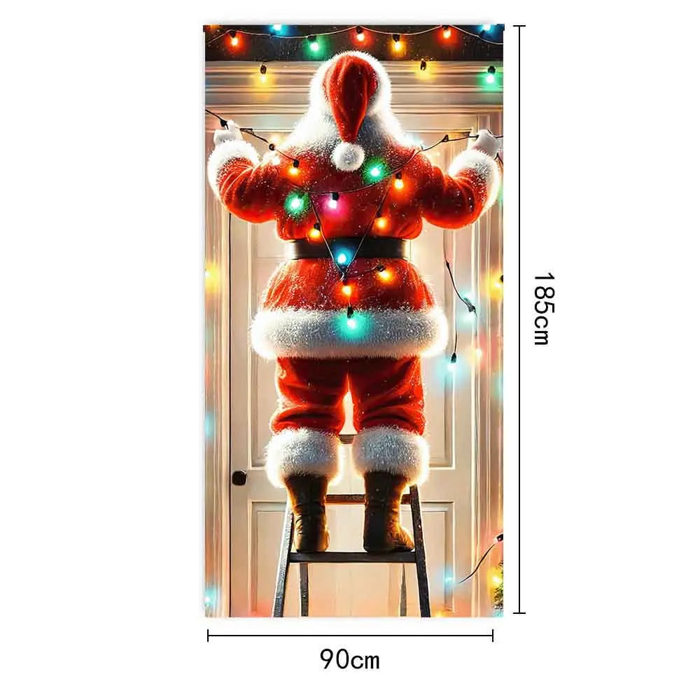 Santa Christmas Door Cover, 73 x 35 in Front Door Banner with Santa Hanging Lights