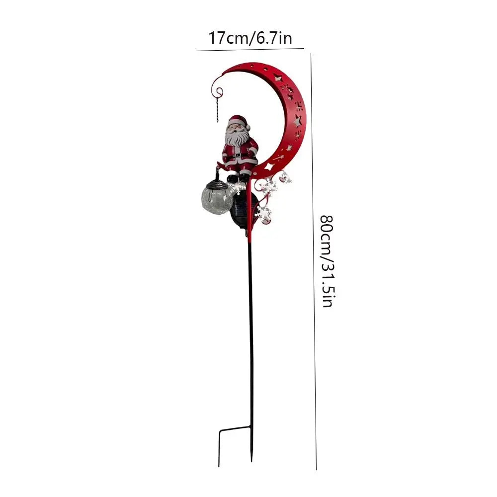 Solar Christmas Moon Stake Light with Santa, 31.5 in Red Crescent Yard Stake with Hanging Crackle Glass Globe
