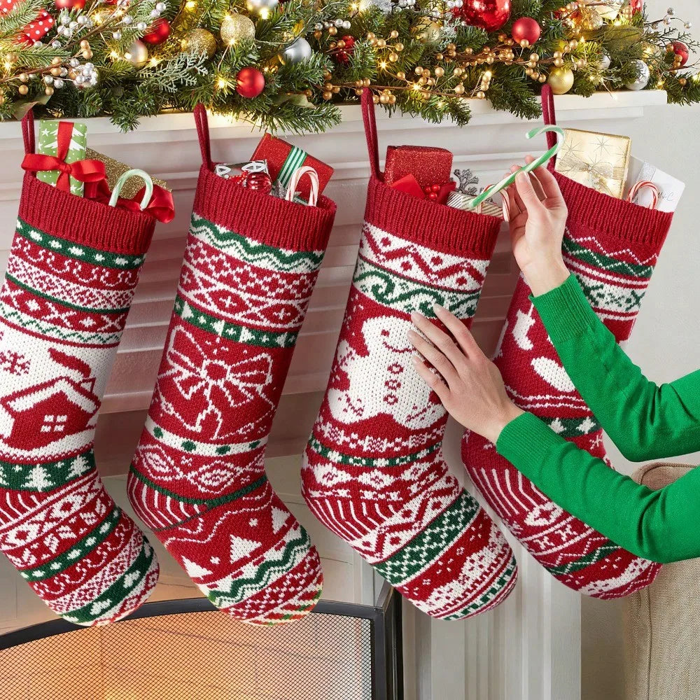 Knit Christmas Stockings, 4 Pack, 18 in with Name Patches, Red, White and Green