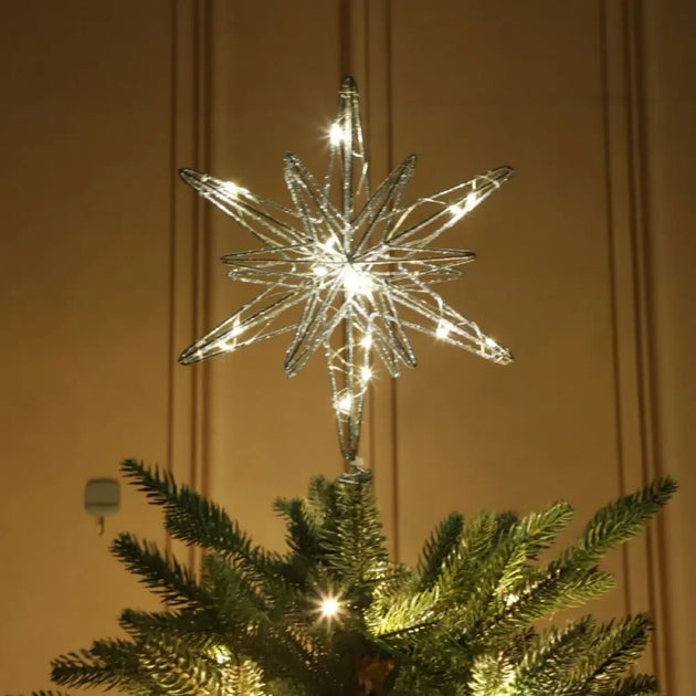Lighted Christmas Tree Topper Star, Battery Operated LED, Silver Glitter Wire