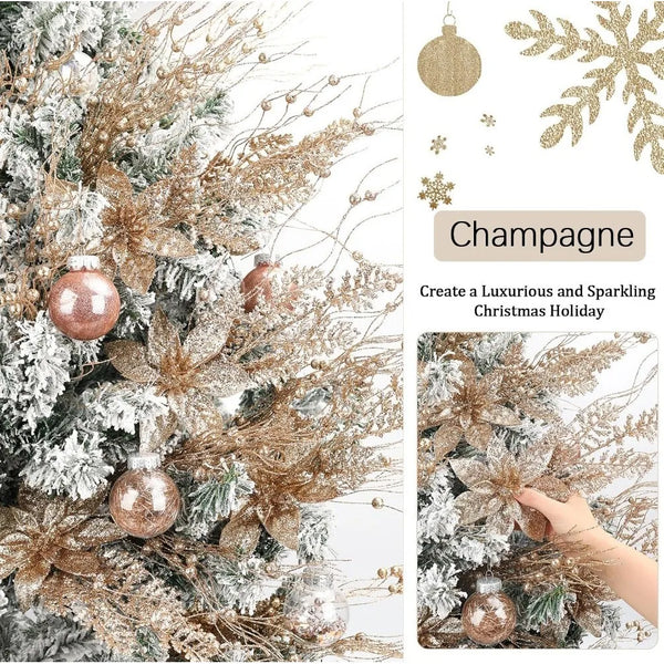 Champagne Gold Christmas Tree Picks, Set of 5 Glitter Poinsettia Leaf and Berry Stems