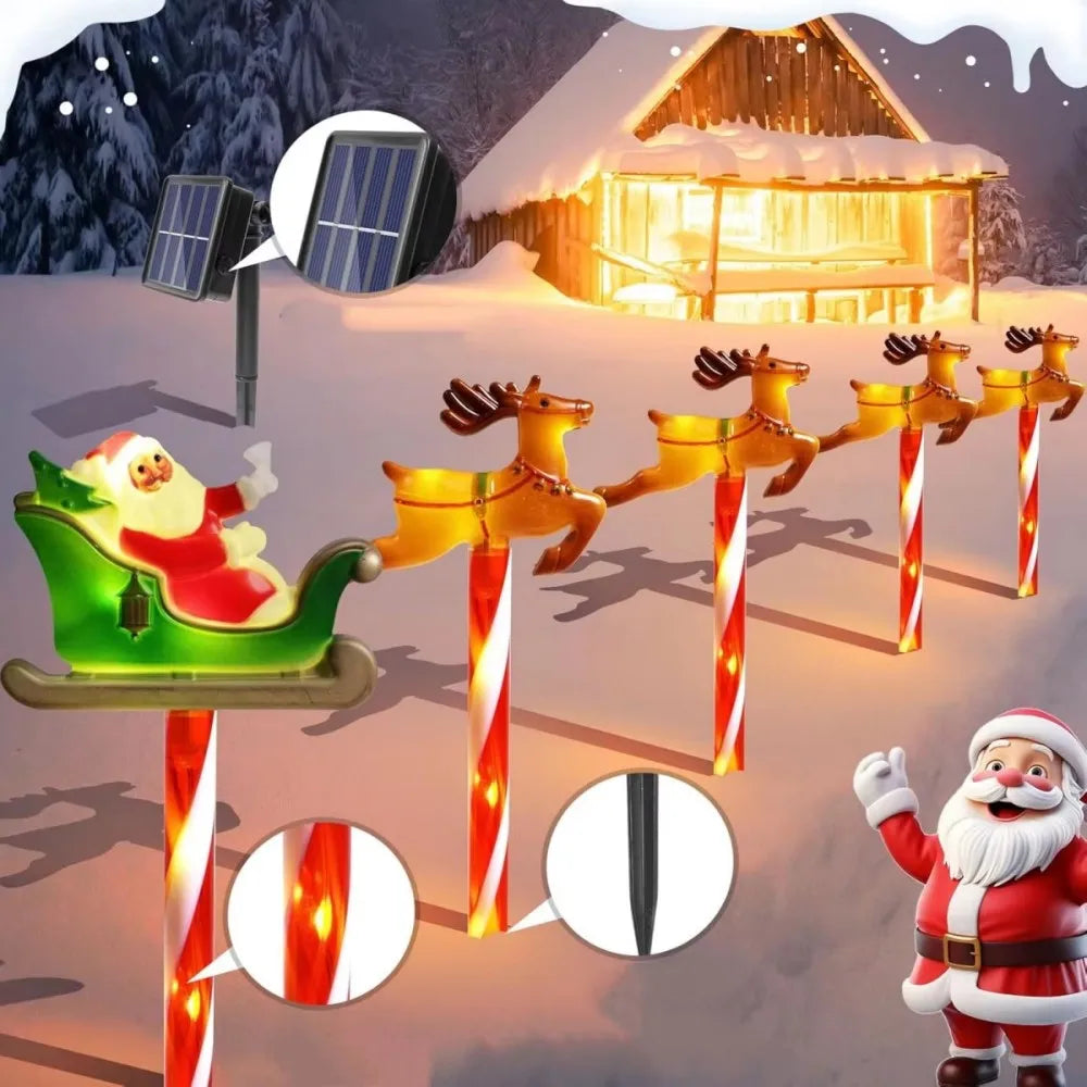 Solar Santa Sleigh and Reindeer Stake Lights, 5-Piece Christmas Pathway Light Set for Yard and Walkway