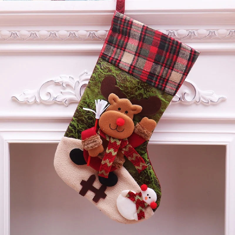 Christmas Stocking, 18 in Large Plaid Cuff Stocking with 3D Plush Reindeer, Fireplace and Mantel Decoration