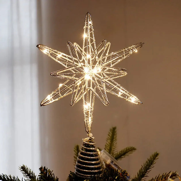 Lighted Christmas Tree Topper Star, Battery Operated LED, Silver Glitter Wire