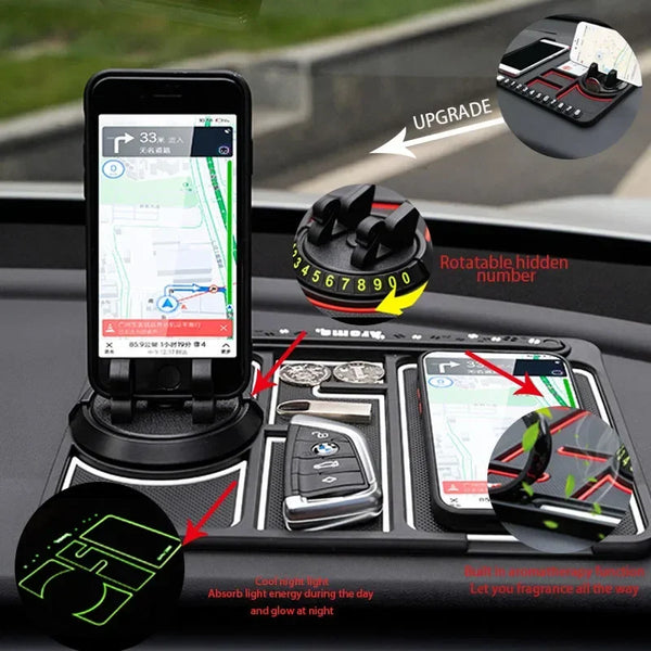 Car Dashboard Anti-Slip Mat with Rotating Phone Holder and Parking Number Plate