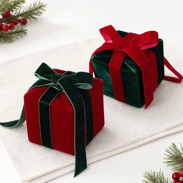 Velvet Christmas Gift Box Ornament with Bow