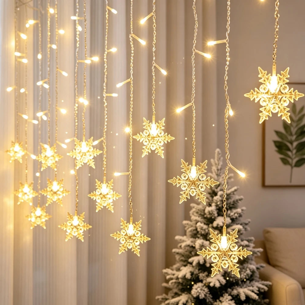 Snowflake Curtain Lights, 13 ft USB Christmas Window and Wall String Lights with 96 Warm White LEDs and Remote