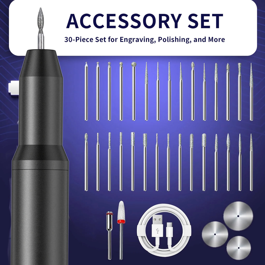 Cordless Craft Engraving Pen with 30-Piece Bit Set, USB-C Rechargeable