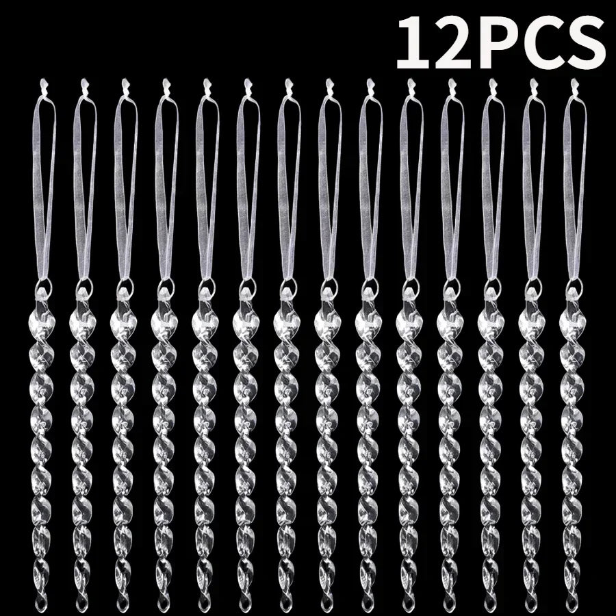 Clear Acrylic Icicle Christmas Tree Ornaments, Set of 12 Twisted 5.3 in Hanging Icicles