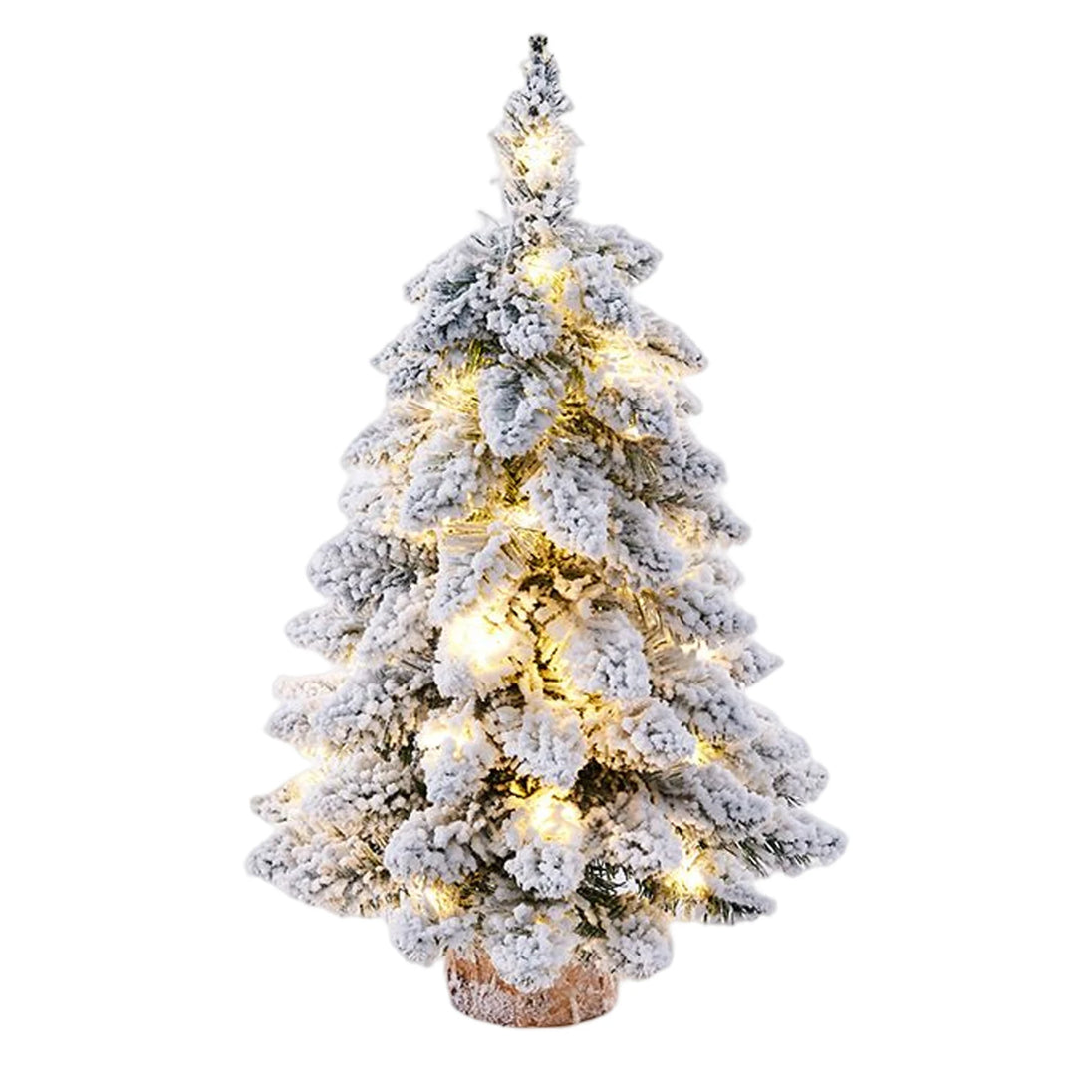 Mini Tabletop Christmas Tree with Lights, 18 in Snow Flocked with Wood Base