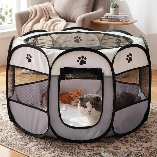 Foldable Octagonal Pet Playpen with Mesh Panels for Dogs and Cats, 73 cm