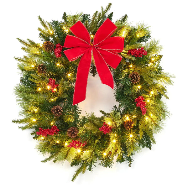 Pre-Lit Christmas Wreath, 24 in Battery Operated Front Door Wreath with 50 Warm White LEDs, Red Bow and Timer, Ships fro