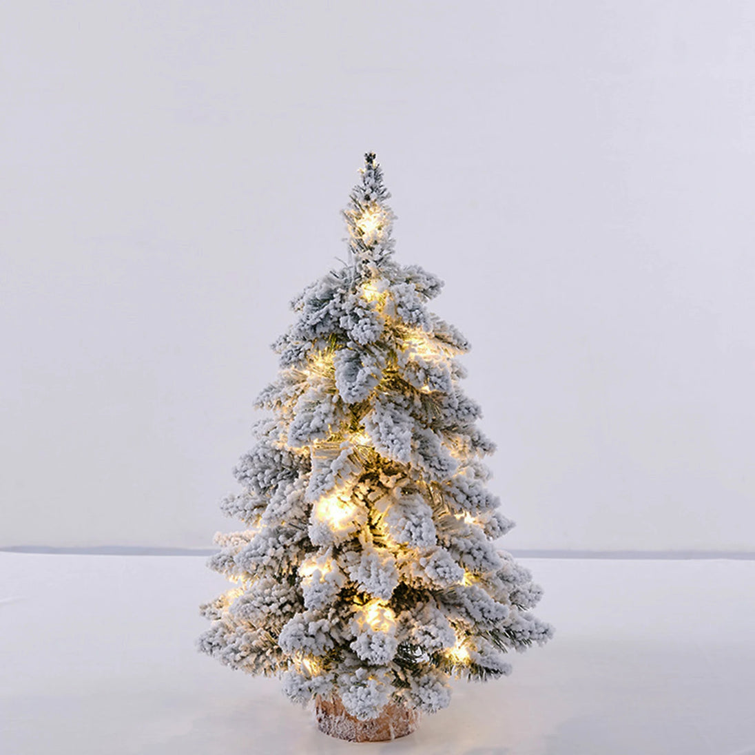 Mini Tabletop Christmas Tree with Lights, 18 in Snow Flocked with Wood Base