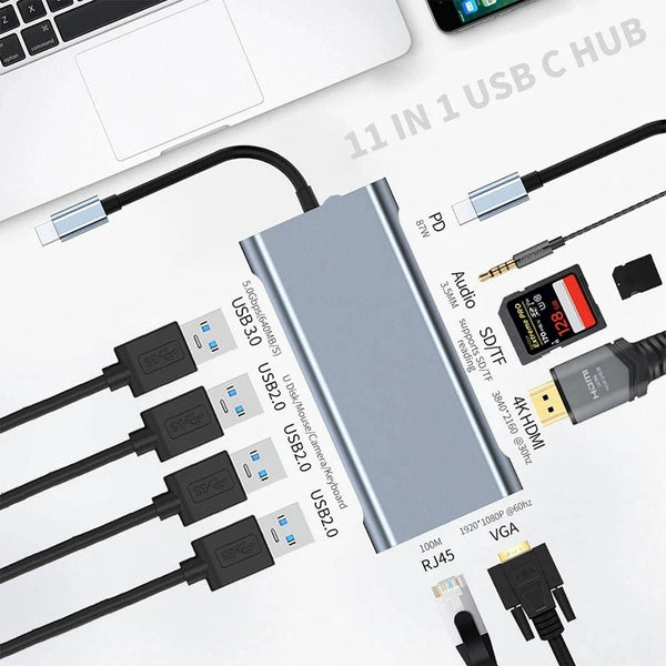 11-in-1 USB-C Hub Adapter with 4K HDMI, VGA, Ethernet, SD/TF and 100W PD