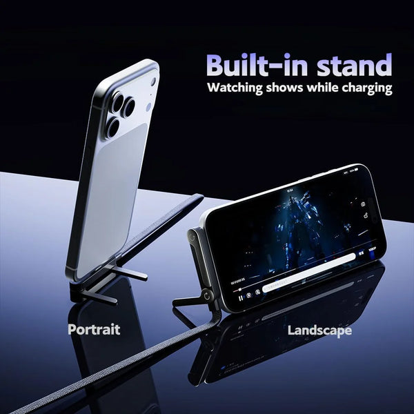 Right-Angle USB-C Phone Charger Cable with Built-In Stand, 5 ft Flat Braided