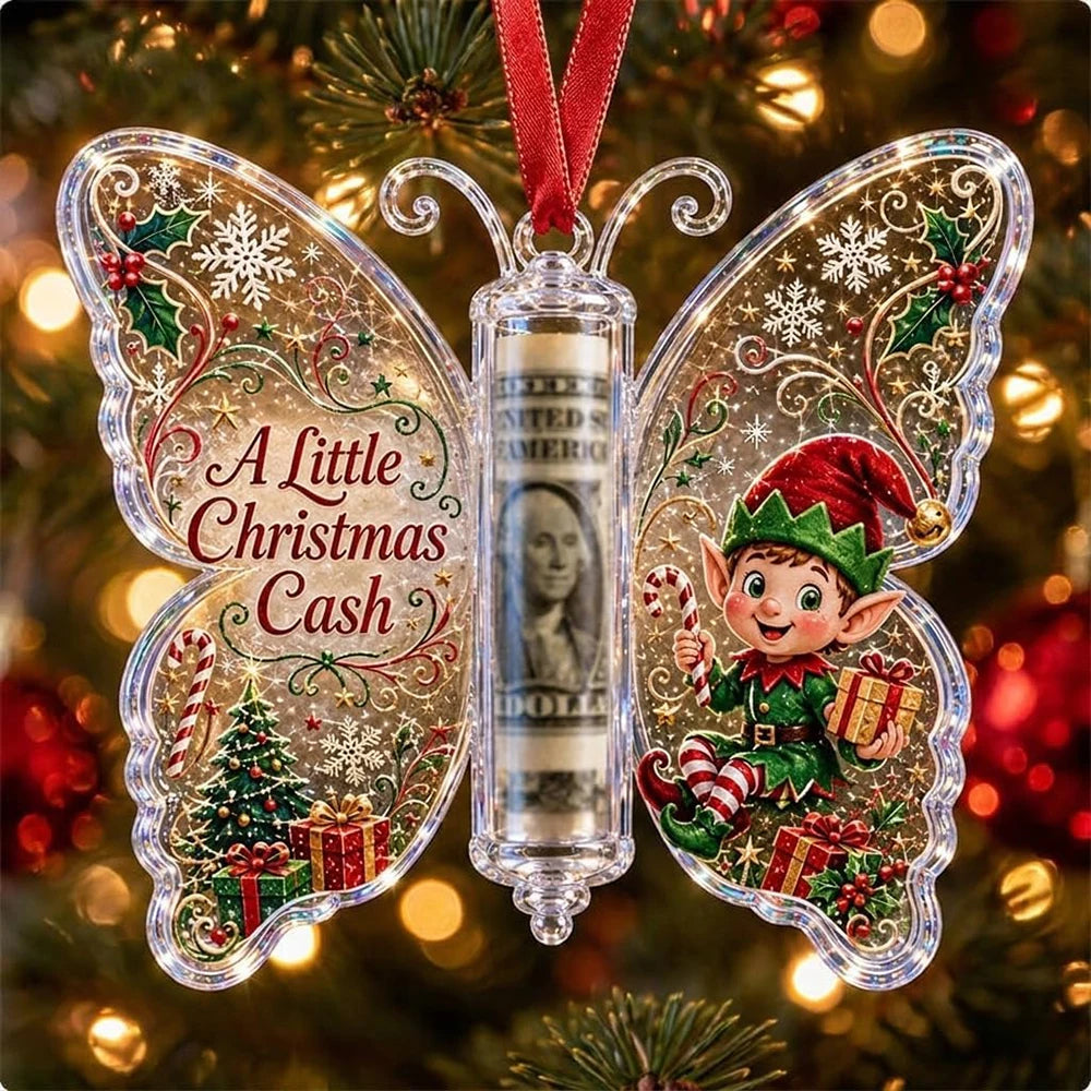 Christmas Cash Gift Butterfly Ornament, Clear Acrylic Money Holder for the Tree, Elf Design
