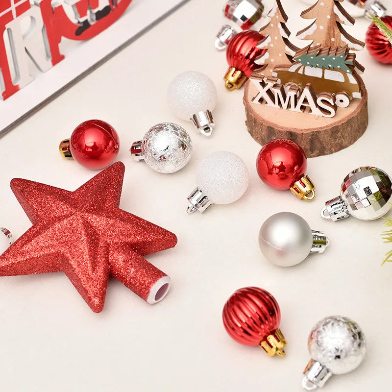 Red, White and Silver Mini Christmas Ornament Set, 30 Pieces with Glitter Star Tree Topper for Small Trees