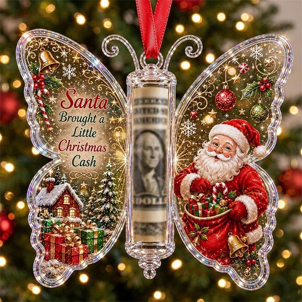Christmas Cash Gift Butterfly Ornament, Clear Acrylic Money Holder for the Tree, Santa Design