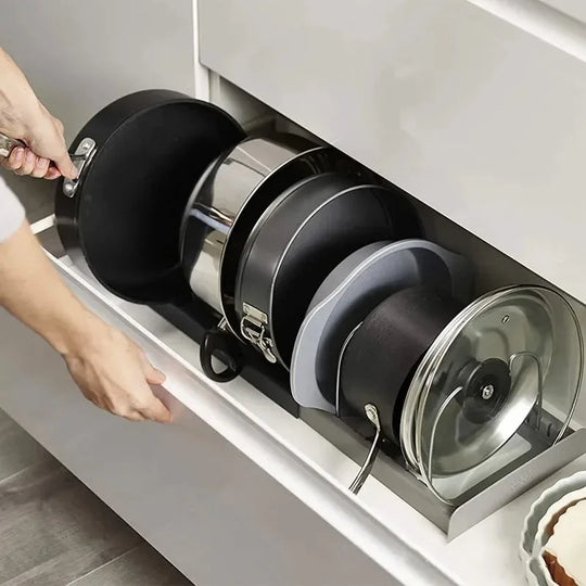 Expandable Pan and Lid Organizer Rack for Kitchen Cabinets with 7 Adjustable Dividers