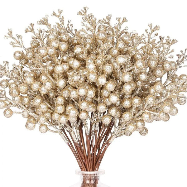 Champagne Glitter Berry Stems for Christmas Tree, Wreath and Garland, Pack of 10 Picks