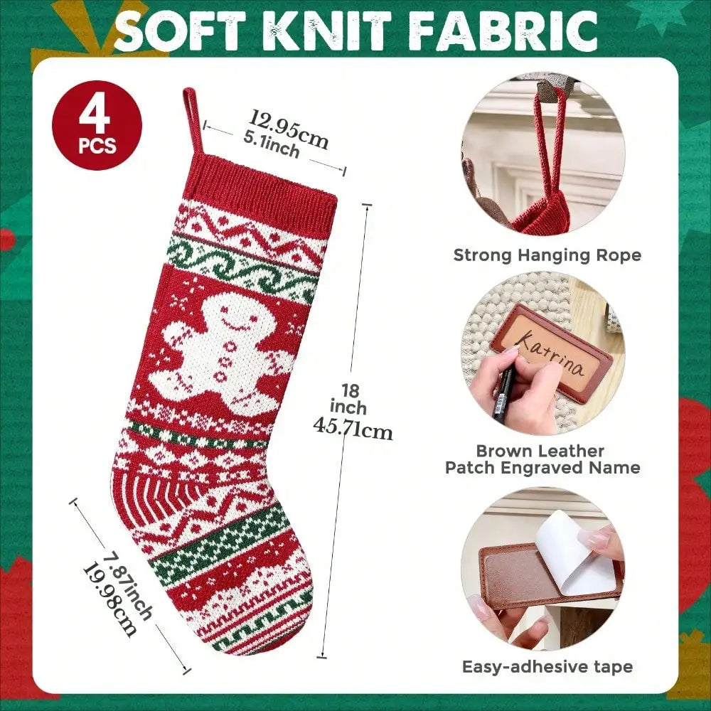 Knit Christmas Stockings, 4 Pack, 18 in with Name Patches, Red, White and Green