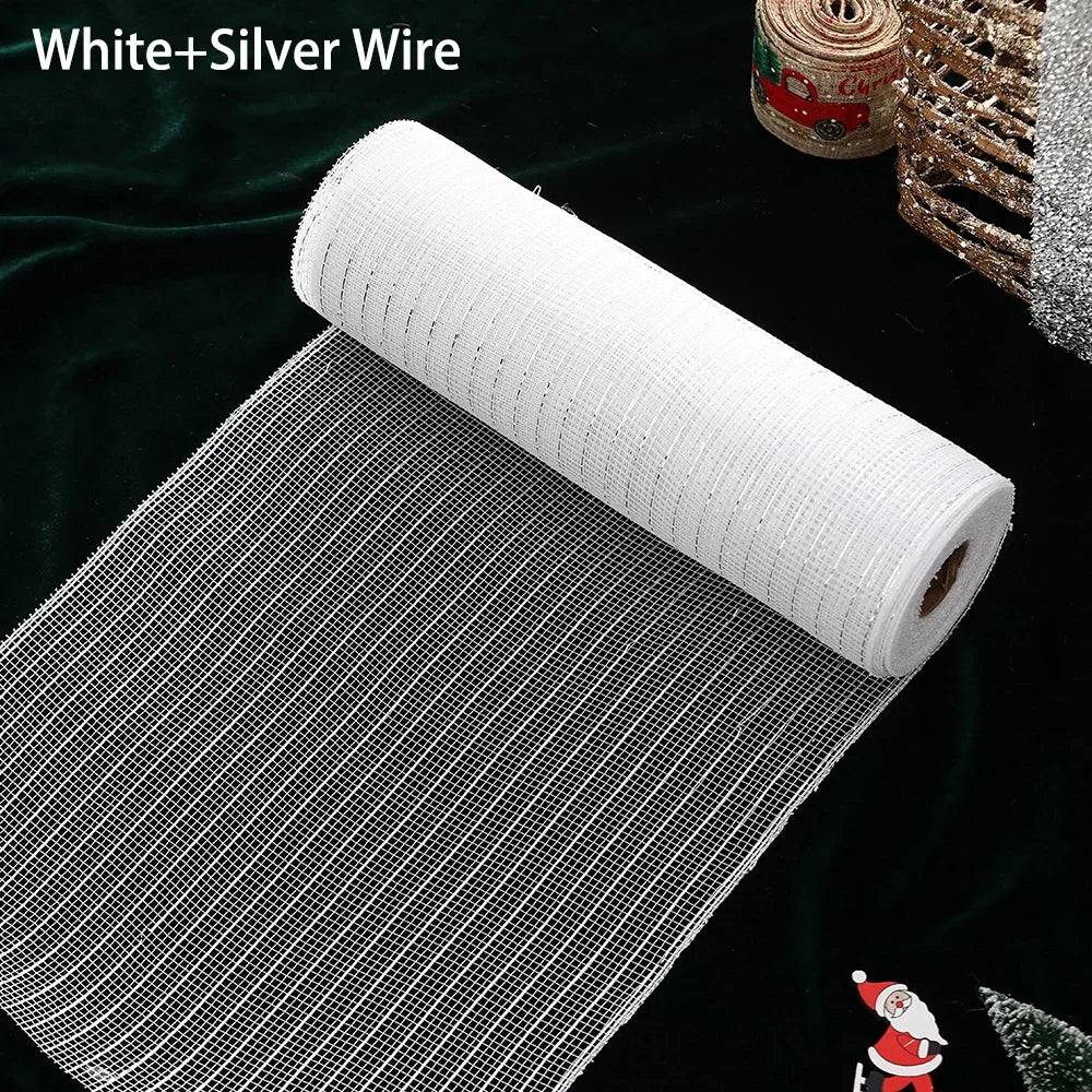 White and Silver Deco Mesh Ribbon for Christmas Tree and Wreaths, 10 in x 10 Yard Roll