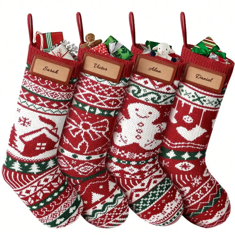 Knit Christmas Stockings, 4 Pack, 18 in with Name Patches, Red, White and Green