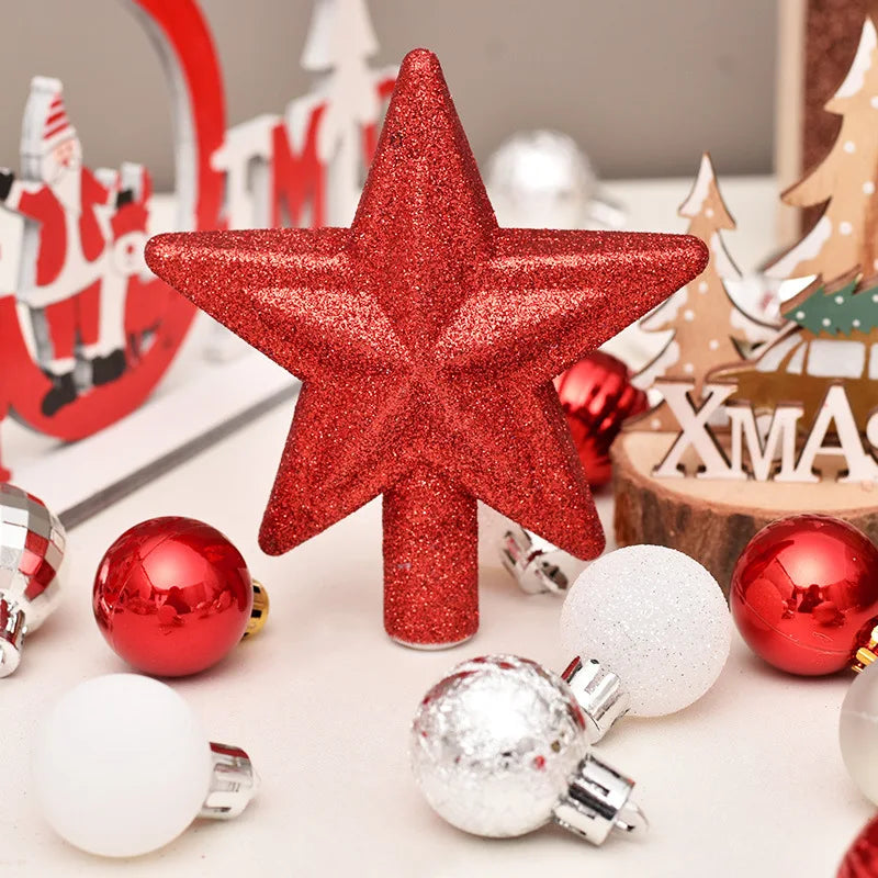 Red, White and Silver Mini Christmas Ornament Set, 30 Pieces with Glitter Star Tree Topper for Small Trees