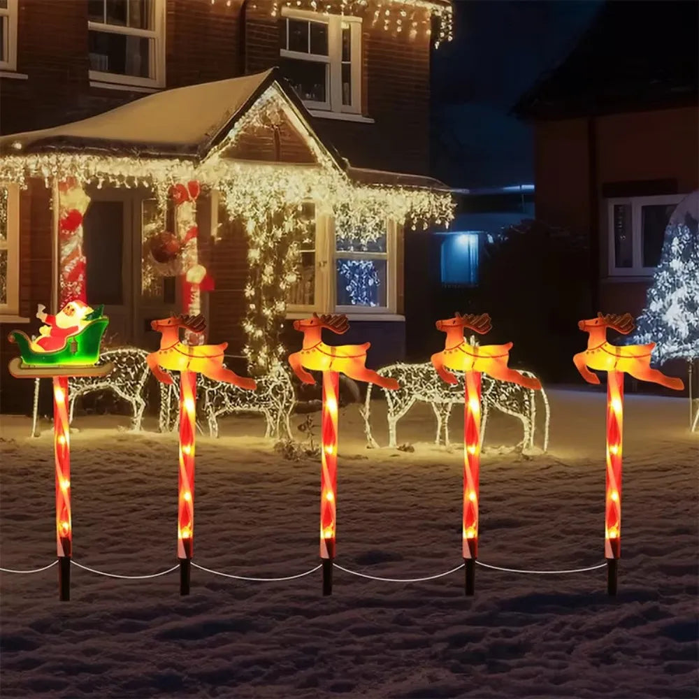 Solar Santa Sleigh and Reindeer Stake Lights, 5-Piece Christmas Pathway Light Set for Yard and Walkway