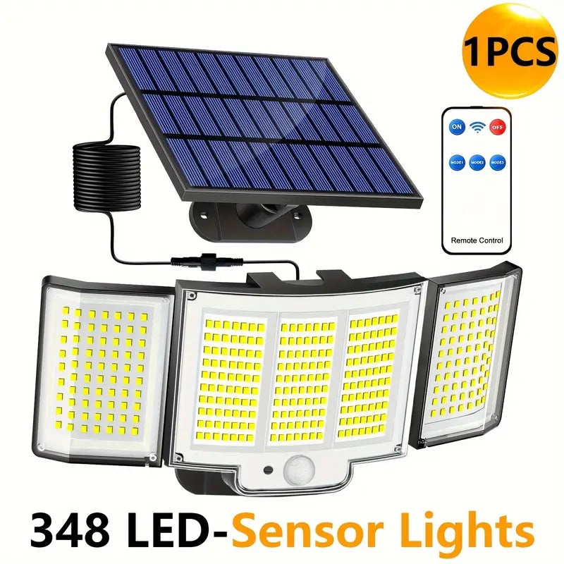 Solar Motion Sensor Flood Light for Garden and Yard, 348 LED 3-Head with Remote