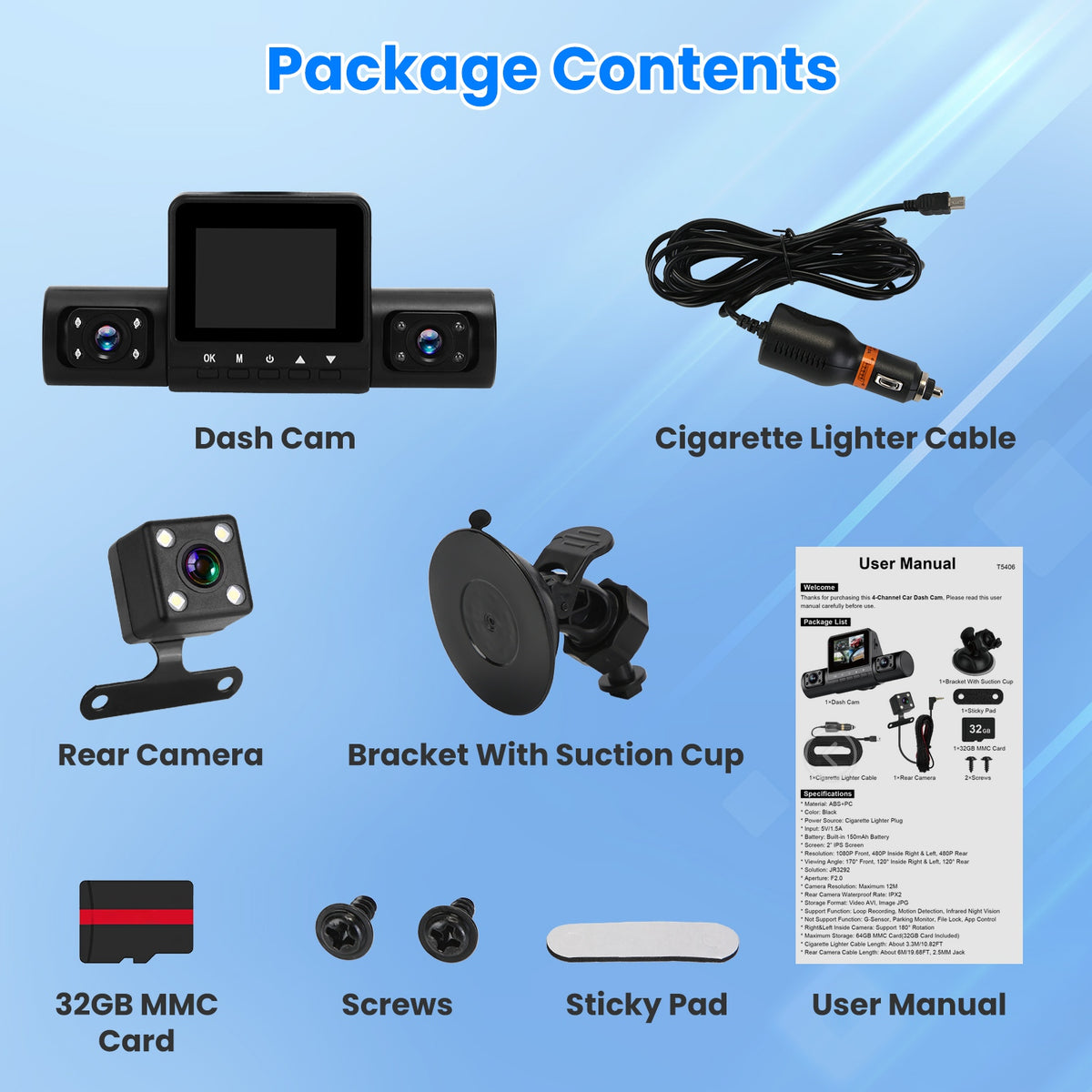 4-Channel Dash Cam with Rear Camera, IR Night Vision and 32GB Card