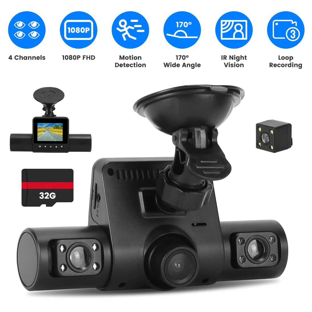 4-Channel Dash Cam with Rear Camera, IR Night Vision and 32GB Card